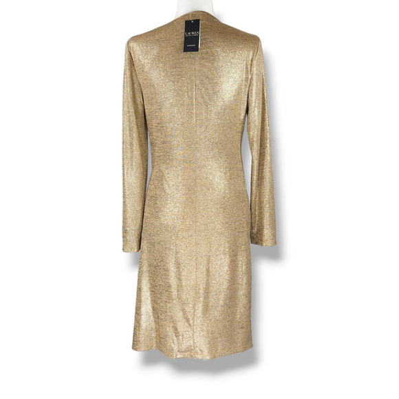 NWT Lauren Ralph Lauren Side Ruched Solid Foil Jersey Sheath Dress Sz. 8 Gold - Picture 4 of 12